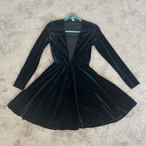 Black velvet deep v neck skater long sleeve dress